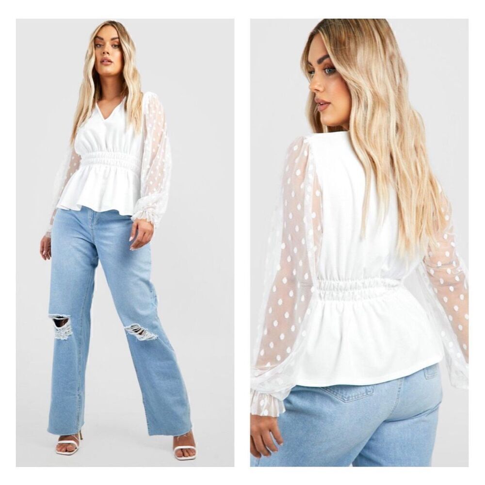 Boohoo Dobby Polkadot White Mesh‎ Peplum plus size top 20 NEW